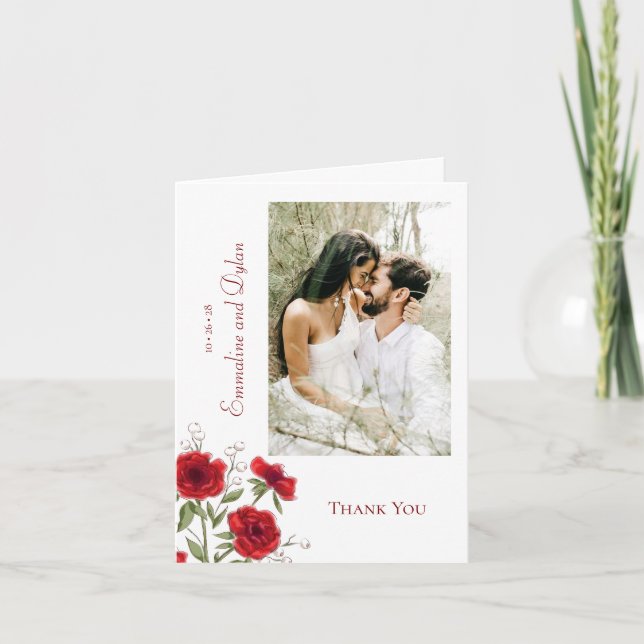 Invitación Red Rose Romantic Wedding Thank You Cards Photo (Anverso)