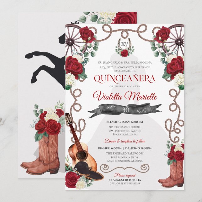 Invitación Red Rose Western Quinceañera Elegante Charra (Anverso / Reverso)