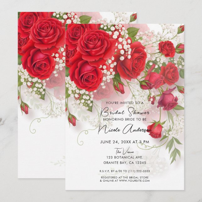 Invitación Red Roses & Babys Breath Elegant Floral Bridal (Anverso / Reverso)