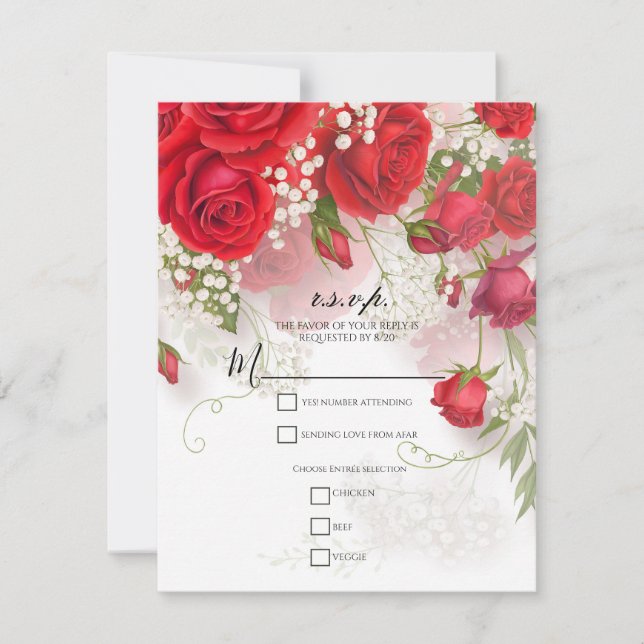 Invitación Red Roses & Babys Breath Elegant Floral R.S.V.P. (Anverso)