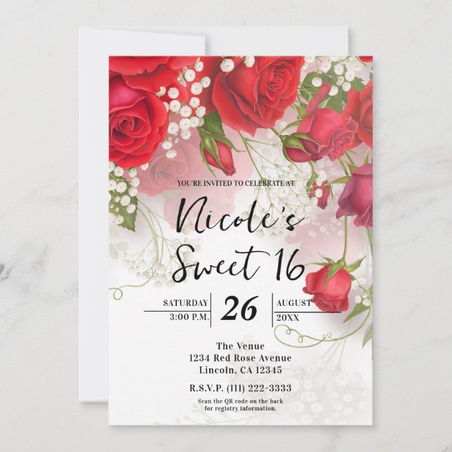 Invitación Red Roses & Babys Breath Elegant Floral Sweet 16 (Anverso)