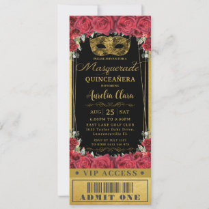 Invitación Red Roses Black Quinceañera Masquerera Ticket VIP