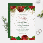 Invitación Red Roses Border Floral Wedding Invitation<br><div class="desc">This is a pretty floral wedding invitation for any season, including the winter Holiday season. It features a top border of deep red roses nestled among green leaves and gold embellishments. Your custom text is in darker green at the center on a white background dotted with gold confetti. The bottom...</div>