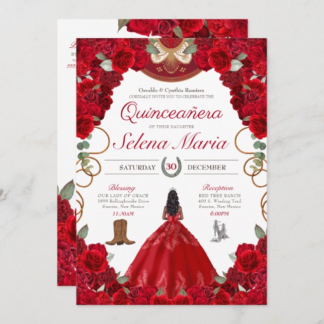 Invitación Red Roses Charro Elegant Peony Rosa Quinceanera (Anverso / Reverso)