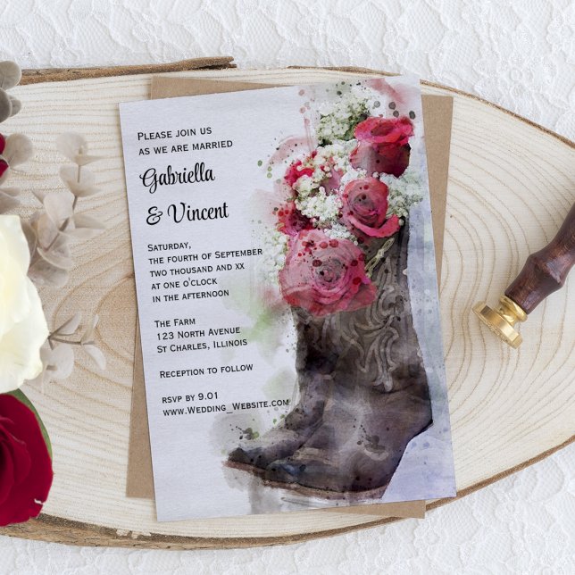 Invitación Red Roses Cowboy Boots Boda de acuarela occidental (Subido por el creador)