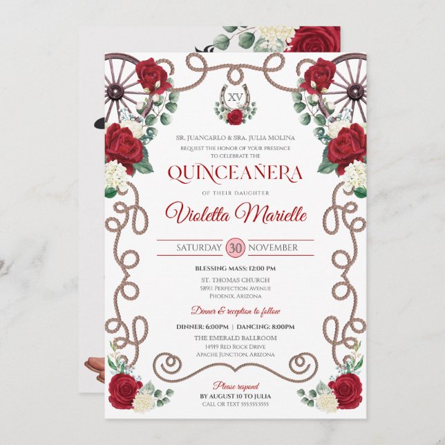 Invitación Red Roses Elegante Charro Occidental Quinceanera (Anverso / Reverso)