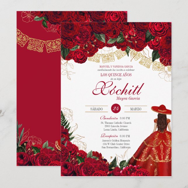 Invitación Red Roses Elegante Charro Quinceanera (Anverso / Reverso)