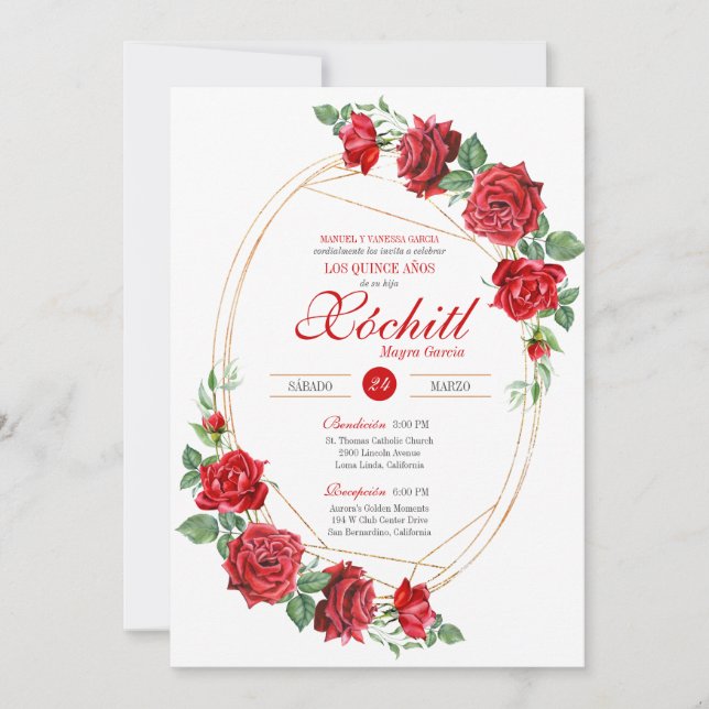 Invitación Red Roses Elegante Lujo Quinceanera (Anverso)