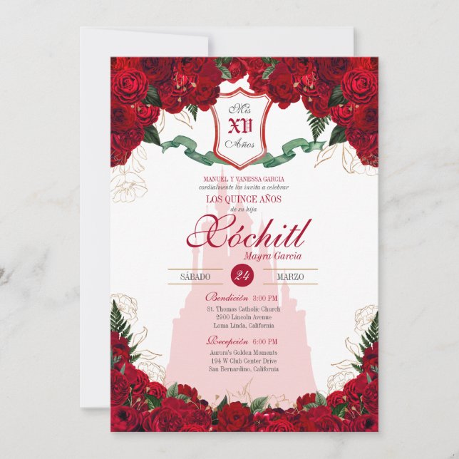 Invitación Red Roses Elegante Princesa Real Quinceanera (Anverso)