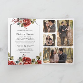 Invitación Red Roses Floral Frame Photo QR Code Wedding