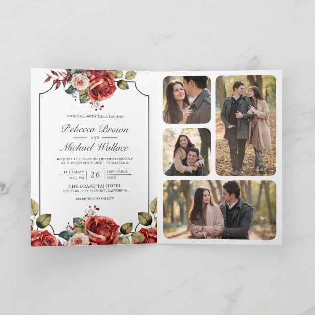 Invitación Red Roses Floral Frame Photo QR Code Wedding (Interior)