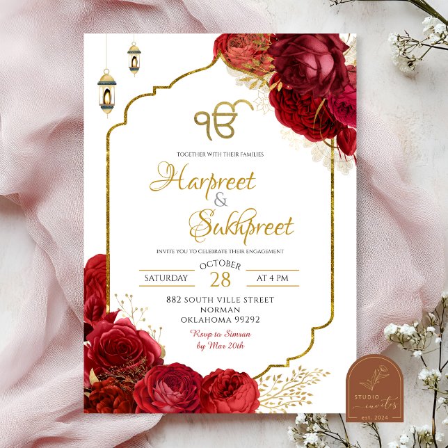 Invitación Red Roses Floral Ik Onkar Indian Wedding (Subido por el creador)