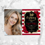 Invitación Red Roses Gold Black Photo 50th Birthday<br><div class="desc">Elegante invitación de 50 años floral femenina con tu foto. Diseño rojo blanco y negro de cristal con oro falso purpurina. Presenta rayas, rosas rojas, letra de guión y confeti. Perfecto para un elegante fiesta de celebración de cumpleaños. Personaliza con tus propios detalles. ¡Se puede personalizar para cualquier edad! Invitaciones...</div>