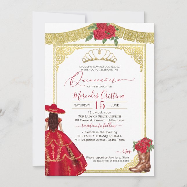 Invitación Red Roses Gold Elegant Charro Occidental Quinceane (Anverso)