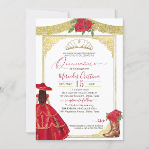 Invitación Red Roses Gold Elegant Charro Occidental Quinceane