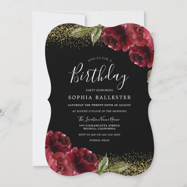 Invitación Red Roses Gold Purpurina Fiesta de cumpleaños para (Anverso)