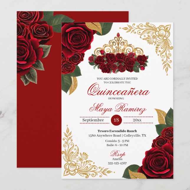 Invitación Red Roses Gold Purpurina Frames Tiara Quinceañera (Anverso / Reverso)