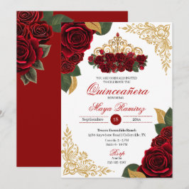 Invitación Red Roses Gold Purpurina Frames Tiara Quinceañera