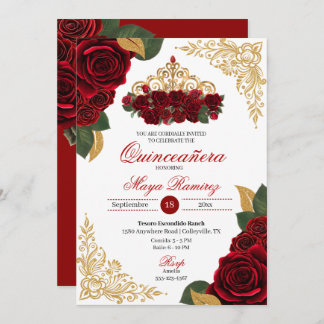 Invitación Red Roses Gold Purpurina Frames Tiara Quinceañera