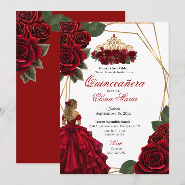 Invitación Red Roses Gold Quinceañera (Anverso / Reverso)