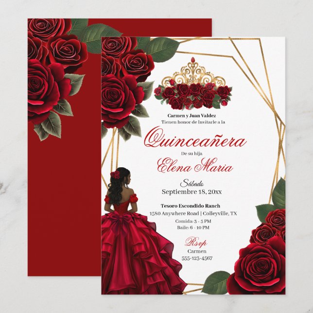 Invitación Red Roses Gold Quinceañera (Anverso / Reverso)
