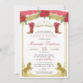 Invitación Red Roses Gold Western Charro Quinceañera