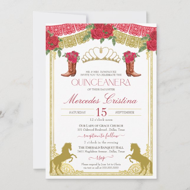 Invitación Red Roses Gold Western Charro Quinceañera (Anverso)
