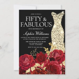 Invitación Red Roses Golden Gown Black 50th Birthday Party