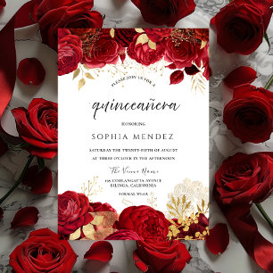 Invitación Red Roses Golden Leaf Quinceanera Fiesta