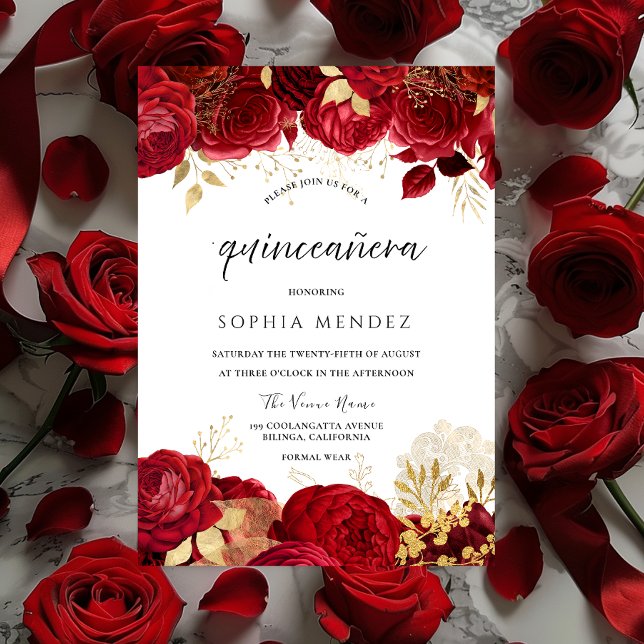 Invitación Red Roses Golden Leaf Quinceanera Fiesta (Subido por el creador)