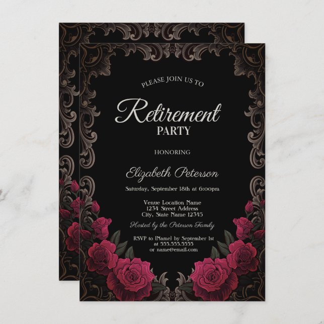 Invitación Red Roses Gothic Frame Black Retirement Party (Anverso / Reverso)