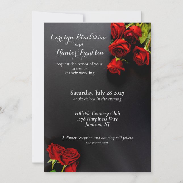 Invitación Red Roses on Black Elegant Wedding (Anverso)