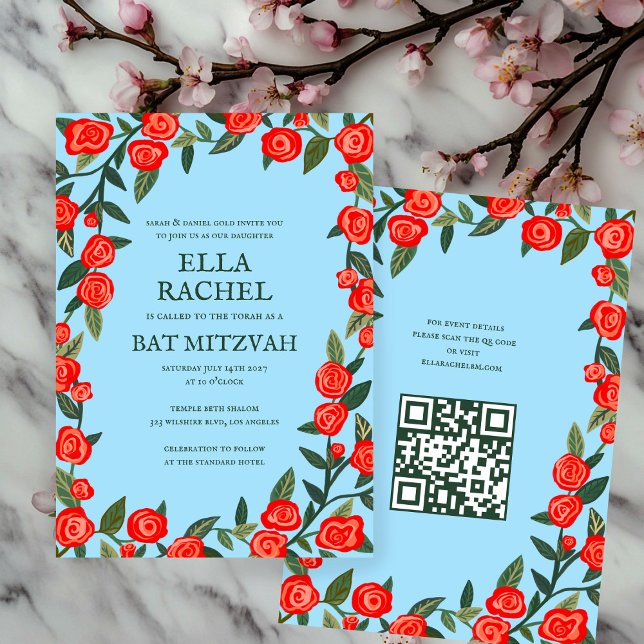 Invitación Red Roses Personalizado B'nai Bat Bar Mitzvah QR C (Red Roses Custom B'nai Bat Bar Mitzvah QR Code Invitation
)