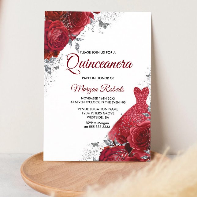 Invitación Red Roses Silver Gown Quinceanera (Subido por el creador)