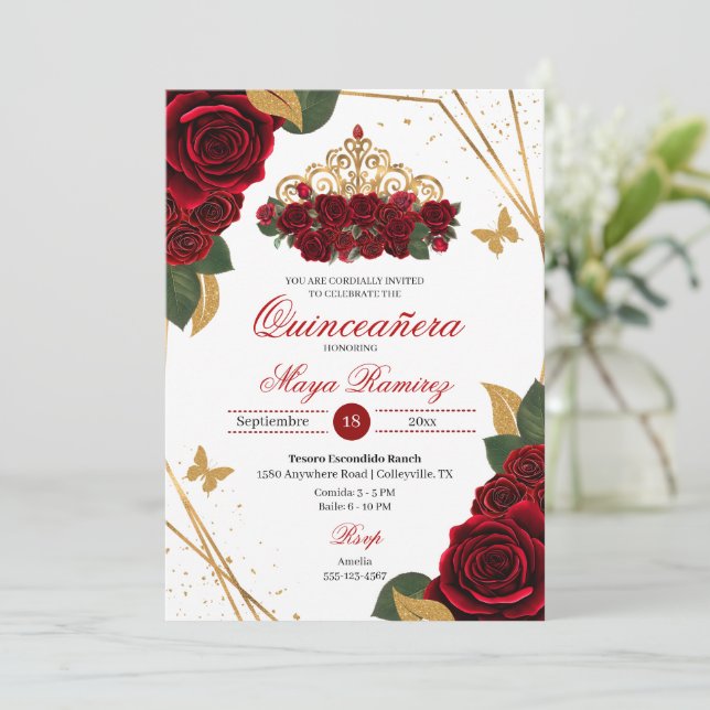 Invitación Red Roses Tiara Purpurina de Oro Quinceañera (Anverso de pie)