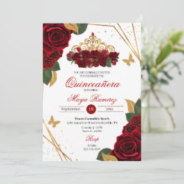 Invitación Red Roses Tiara Purpurina de Oro Quinceañera