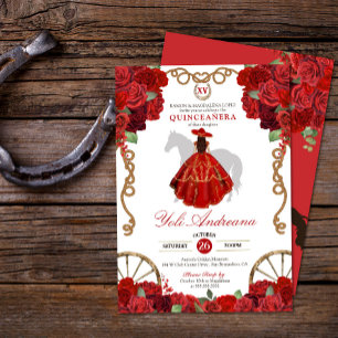 Invitación Red Roses Western Cowboy Charra Quinceañera