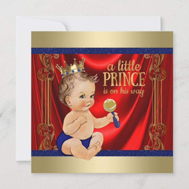 Invitación Red Royal Blue Gold Prince Baby Shower (Anverso)
