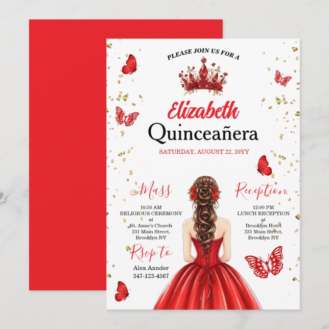 Invitación Red Royal Butterfly Quinceañera Invitation (Anverso / Reverso)