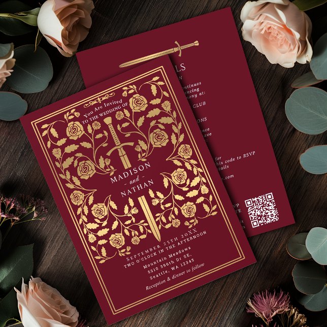 Invitación Red Royal Medieval Gold Sword Wedding QR Code (Subido por el creador)