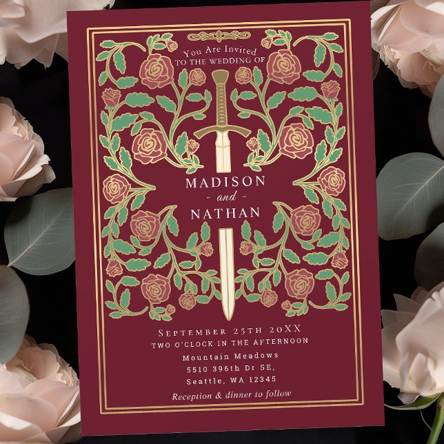 Invitación Red Royal Sword Floral Medieval Fantasy Boda (Subido por el creador)