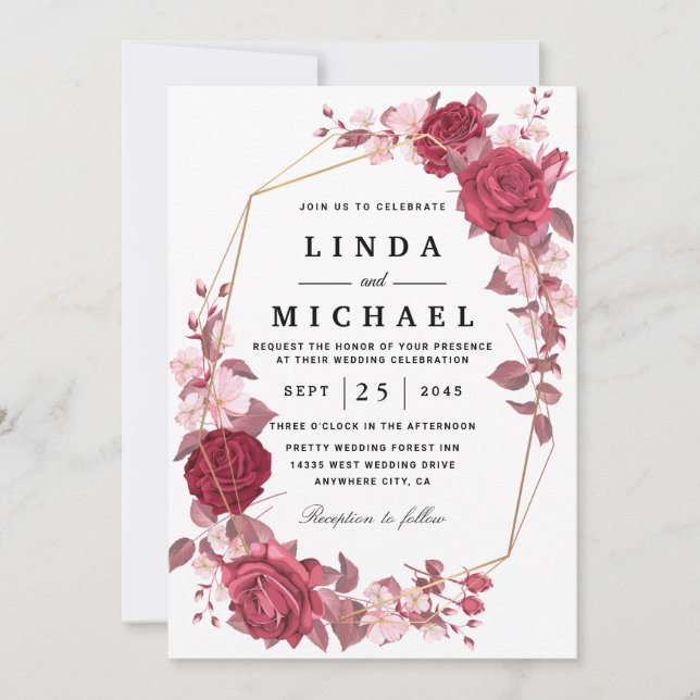 Invitación Red Rubor y Gold Geometric Greenerenerenery Boda I (Anverso)