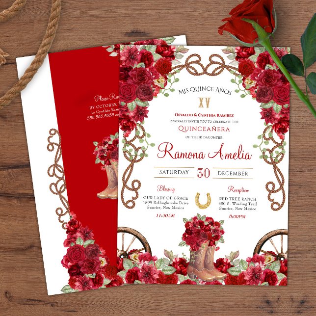 Invitación Red Rustic Charro Occidental Cowboy Boots Quince (Subido por el creador)