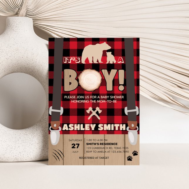 Invitación Red Rustic Plaid Lumberjack Baby Shower (Plaid Lumberjack Baby Shower Invitation )