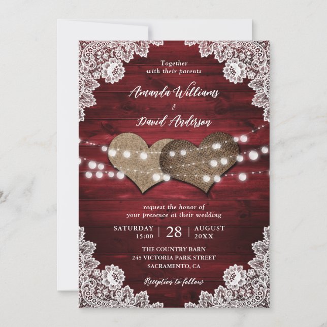 Invitación Red Rustic Wood Burlap Lace String Lights Boda (Anverso)