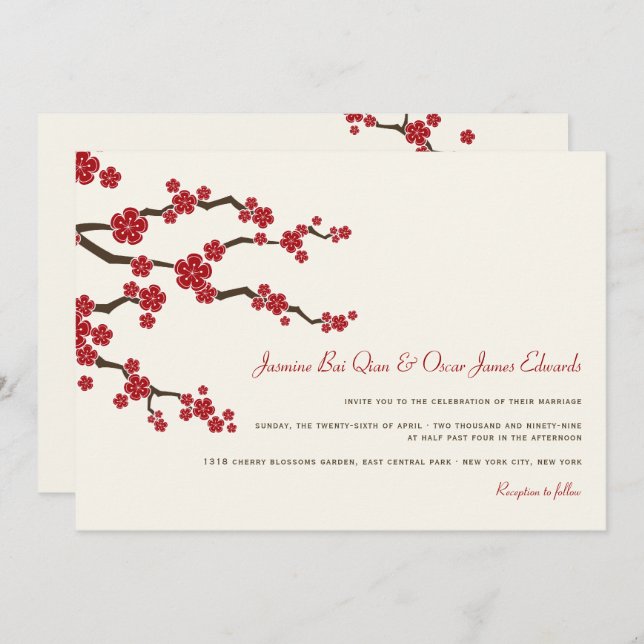 Invitación Red Sakura Cherry Blossoms Modern Asian Wedding (Anverso / Reverso)