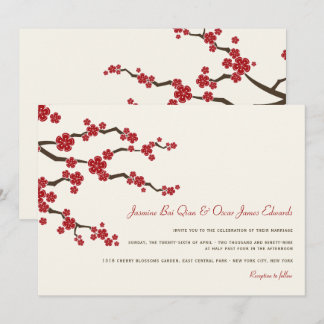 Invitación Red Sakura Cherry Blossoms Modern Asian Wedding
