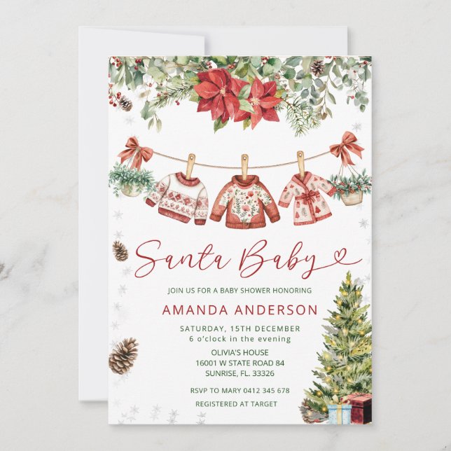 Invitación Red Santa Baby Christmas Clothlines Baby Shower  (Anverso)