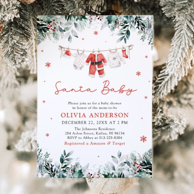 Invitación Red Santa Baby Navidades Clothesline Baby Shower (Red Santa Baby Christmas Clothesline Baby Shower Invitation)