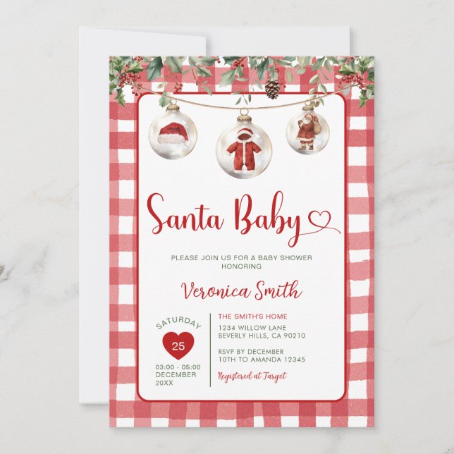 Invitación Red Santa Baby Shower Clothesline Christmas Floral (Anverso)